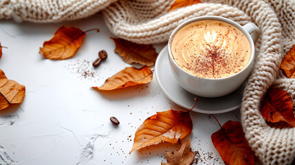 Cup of coffee with autumn leaves and knitted scarf on white background
