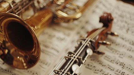 Various musical instruments lie on sheet music of a symphony