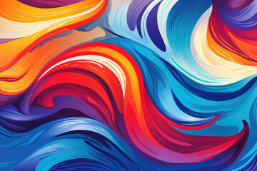Obraz premium A colorful abstract painting of a wave with blue, red, and yellow colors. The painting has a vibrant and energetic mood, with the colors blending together to create a dynamic and lively scene