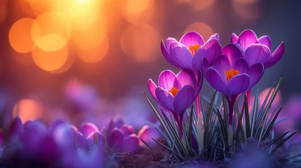 Rolgordijnen Purple crocus flowers on bokeh background. Spring flowers. © Виктория Дутко