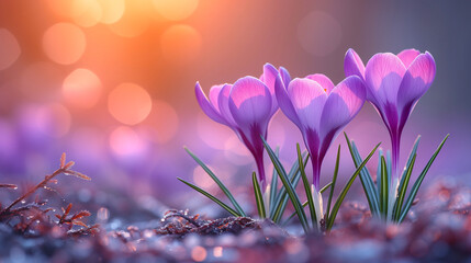 Blooming crocus flowers with bokeh effect, spring background