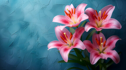 Fototapeta premium Beautiful pink lily flowers on a blue background. Floral background