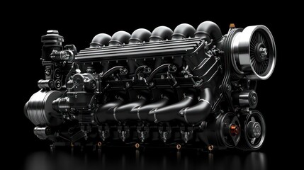 A high-resolution image showcasing an intricately designed detailed car engine with a sleek black finish against a pure black background - obrazy, fototapety, plakaty
