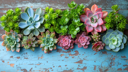 Variety of Succulents on vintage blue wood background.