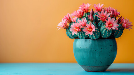  Cactus with pink flowers in pot isolated on orange background. Close up.
