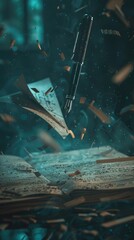 Floating English letters in a moody, hyperrealistic scifi writing scene with a pen and notebook