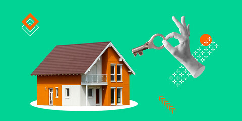 Sale or purchase of residential real estate. Key to the house concept. Hand with key andhouse....