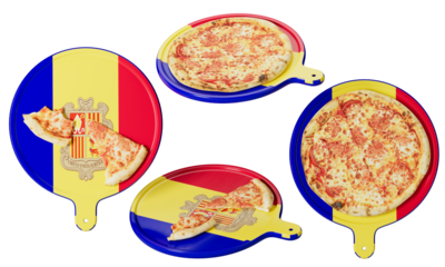 Traditional Andorran Delicacy: Cheese Pizza on Vibrant National Flag Cutting Board