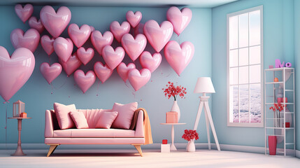 Watercolor valentine's day background with hanging hearts