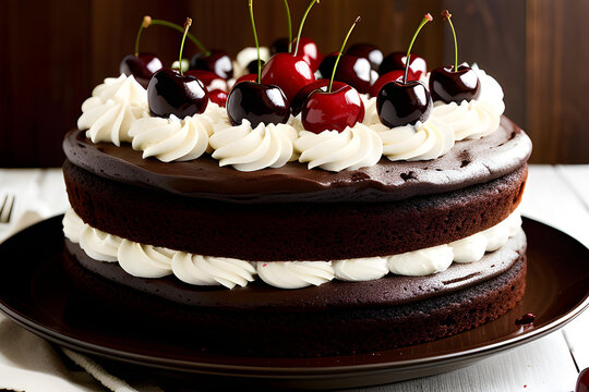 A delicious ai image that depicts a two-layered chocolate cake with cherries