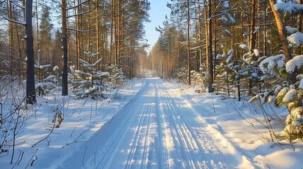 The ski trail runs through a young pine forest