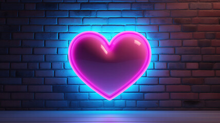 Neon heart with a glow on the background of a dark brick wall, Neon sign pink and blue