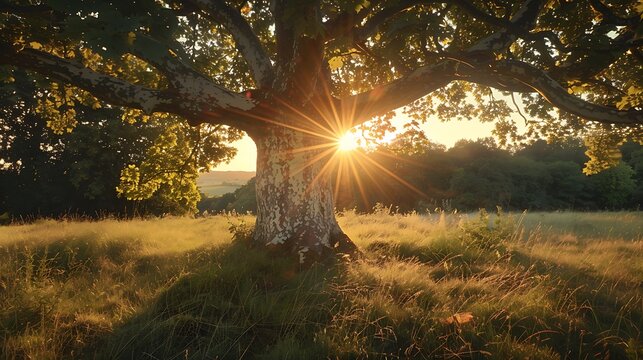 The sun bursts through a sycamore tree at sunset in a summer field
