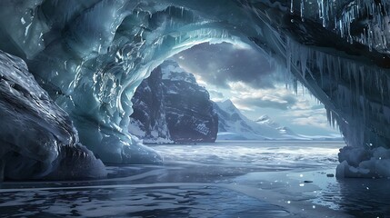 Traveling slowly through an ice cave and exiting the other side onto a beautiful ocean scene - obrazy, fototapety, plakaty