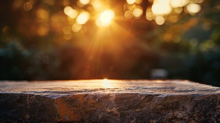 Stone table top with copy space. Sunrise background