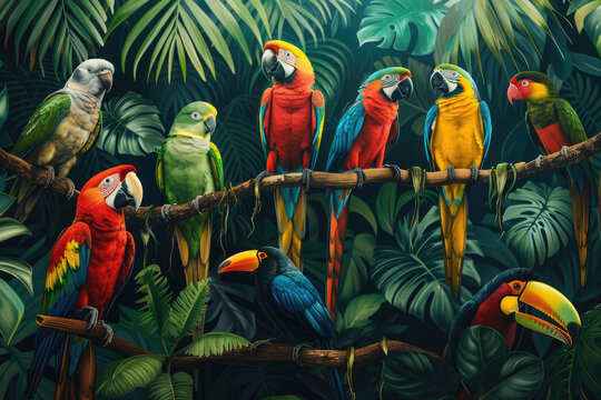 Tropical Jungle Animals with Birds. Parrots, Toucans, and Palm Trees. Jungle wallpaper for kids' room, interior design. mural