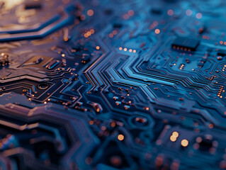 Electric mainboard pathways, ultra-detail macro, intricate patterns, artistic close-up, cool blue tones