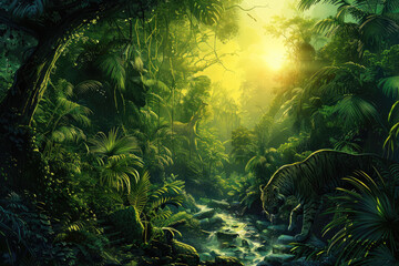 Panoramic landscape of green jungle, Tropical rain forest jungle - obrazy, fototapety, plakaty