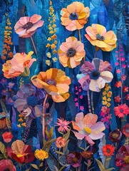 A garden where the flowers bloom from snips of vibrant fabric, sewing nature and art together