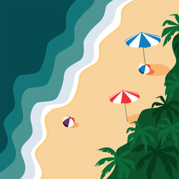 Vector image of a tropical beach. A paradise island for relaxation.