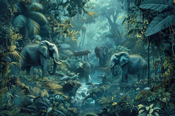 Panoramic landscape of green jungle, Tropical rain forest jungle - obrazy, fototapety, plakaty
