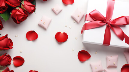 Valentines day festive background with pink hearts and red gift box