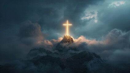 The cross of Jesus Christ shines in the sky, with clouds around it and on top of an island mountain.