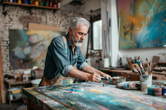 Middle age male artist at work in the workshop
