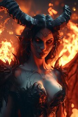 devil woman with horns and wings in an atmosphere of fire