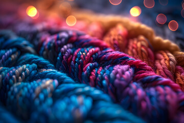 Close Up View of Multi-Colored Knitting Project Displaying Intricate Stitches with a Soft Blurry light in the Background - obrazy, fototapety, plakaty