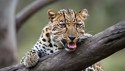 A Leopard With Its Tongue Curling Around A Branch  2 - obrazy, fototapety, plakaty
