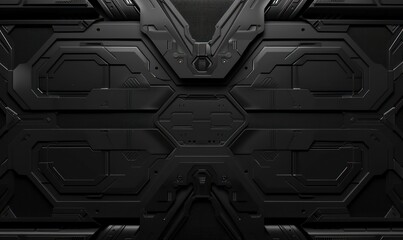 This image features a detailed, symmetrical design of futuristic armored panels, predominantly in dark tones, reminiscent of sci-fi armor or spacecraft hull - obrazy, fototapety, plakaty