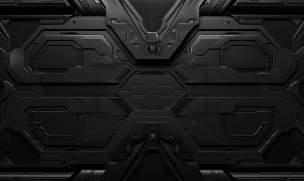 This image features a detailed, symmetrical design of futuristic armored panels, predominantly in dark tones, reminiscent of sci-fi armor or spacecraft hull
