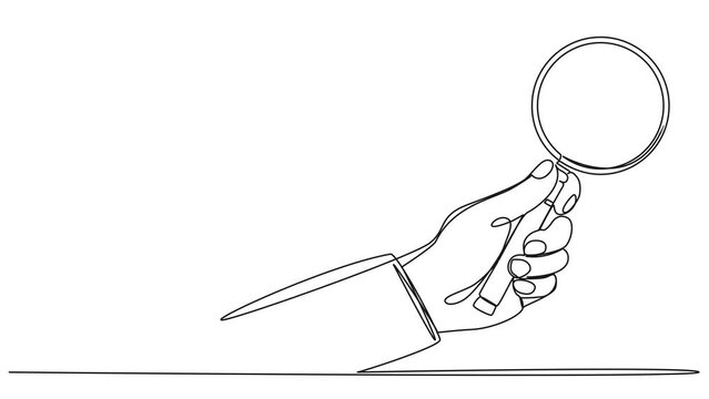 animated continuous single line drawing of hand holding magnifying glass, line art animation