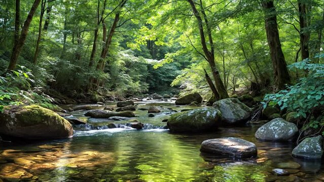 A mountain stream in the forest in early summer. Ambient video.
