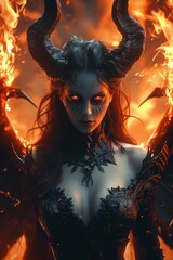 Naklejka premium devil woman with horns and wings in an atmosphere of fire