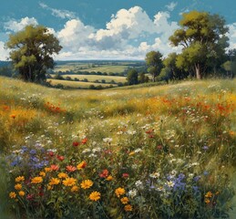 Beautiful summer meadow with wild flowers. Digital painting in oil.