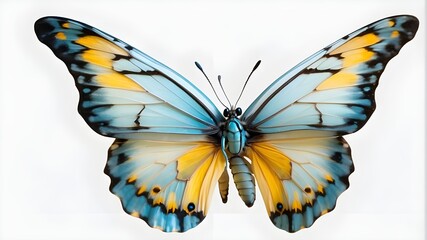 butterfly on white background Isolated on a transparent background, a stunning butterfly with extended wings that is light blue and yellow in color.