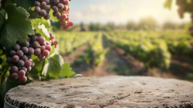 Stone table top with copy space. Vineyard background