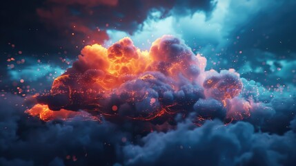 Glowing scifi cloud over digital ground, hyperrealistic vibrant particles and moody lighting effects