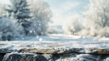 Stone table top with copy space. Winter background