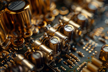 Fototapeta na wymiar Mainboard transistors close-up, ultra-detailed macro, electric art, sharp focus, metallic contrast