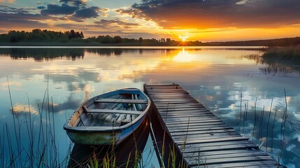 Wooden pier with fishing boat at sunset on a lake - obrazy, fototapety, plakaty