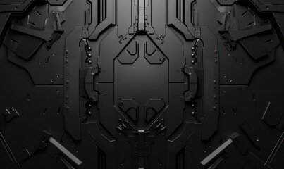 A detailed image showcasing a symmetrical, futuristic black armor design with intricate patterns and a robust, metallic texture