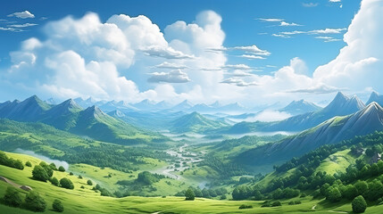 Obraz premium World environment day concept: Green mountains and beautiful blue sky clouds