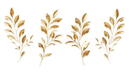 Golden linear floral leaves isolated on a transparent background - premium quality 3D digital art with an elegant botanical design element.
