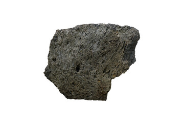 Vesicular basalt rock specimen isolated on white background.