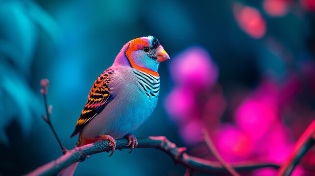 A Neon color male zebra finch sitting on a branch AI Generated Photo