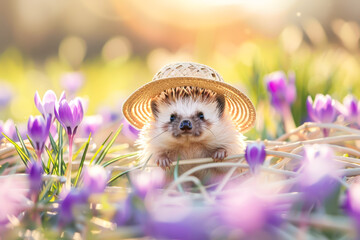 Hedgehog wearing a tiny straw hat among purple crocus flowers, a charming scene under the warm glow...