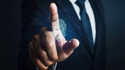 Biometrics, information, network data, security. Businessman's hand pointing at visual screen,fingerprint scanning. future concept